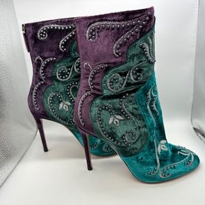 Aquazzura Mata Hari purple/teal/turquoise velvet embroidered booties. Size 38.5